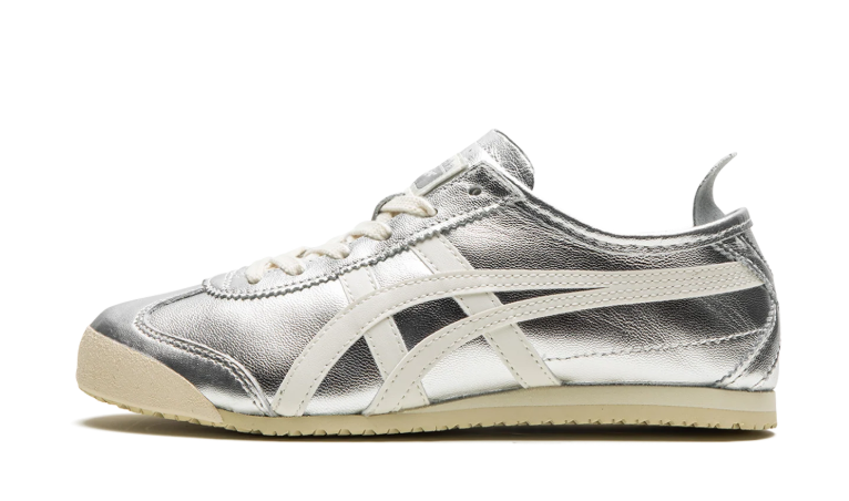Onitsuka Tiger Metallic Silver Low-Top Sneakers with Cream Stripes