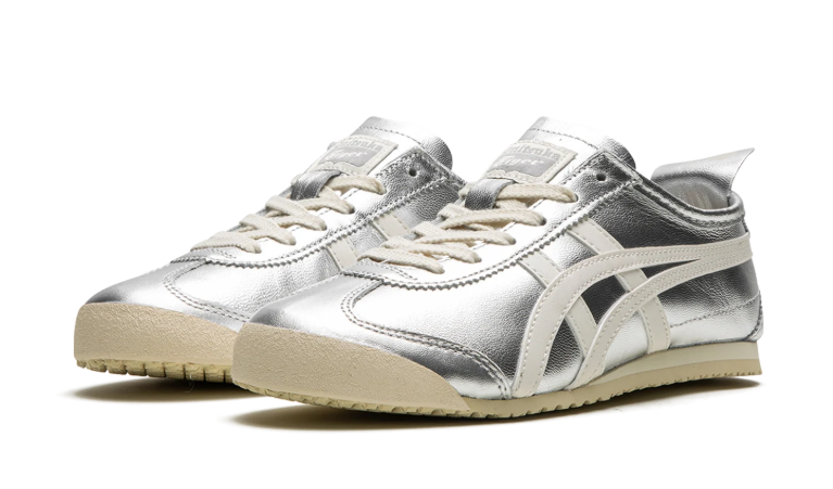 Onitsuka Tiger Metallic Silver Low-Top Sneakers with Cream Stripes