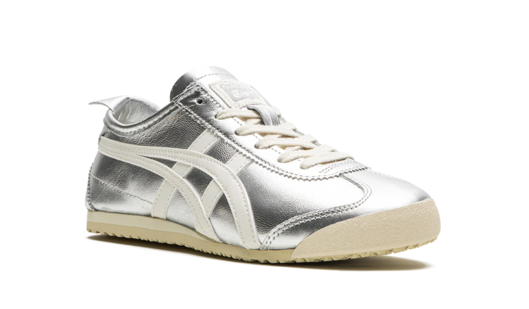 Onitsuka Tiger Metallic Silver Low-Top Sneakers with Cream Stripes
