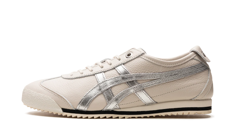 Onitsuka Tiger Cream Sneakers with Metallic Silver Stripes and Serrated Sole