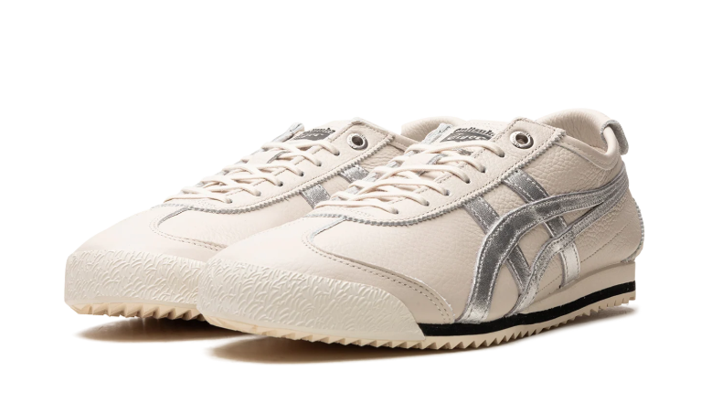 Onitsuka Tiger Cream Sneakers with Metallic Silver Stripes and Serrated Sole