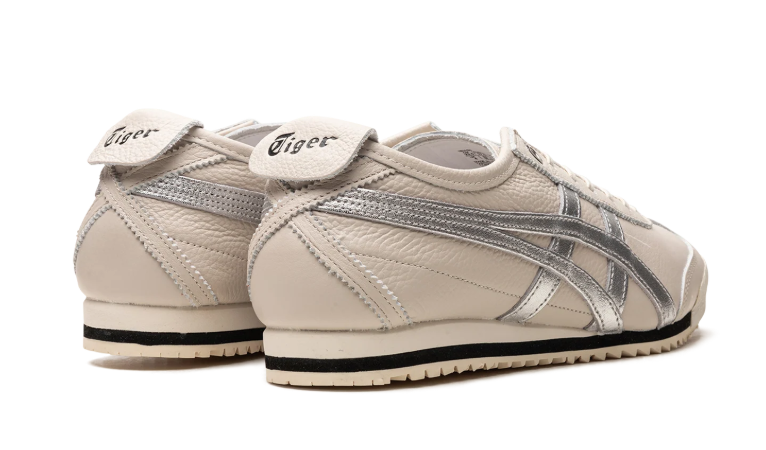 Onitsuka Tiger Cream Sneakers with Metallic Silver Stripes and Serrated Sole