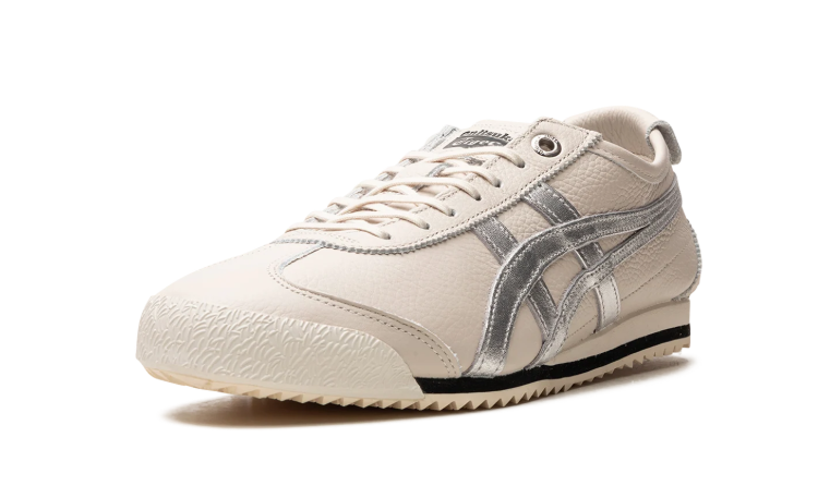 Onitsuka Tiger Cream Sneakers with Metallic Silver Stripes and Serrated Sole