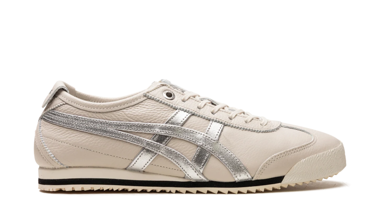 Onitsuka Tiger Cream Sneakers with Metallic Silver Stripes and Serrated Sole