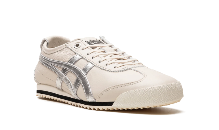 Onitsuka Tiger Cream Sneakers with Metallic Silver Stripes and Serrated Sole