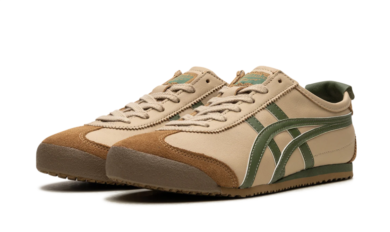 Onitsuka Tiger Beige Low-Top Sneakers with Olive Green Stripes
