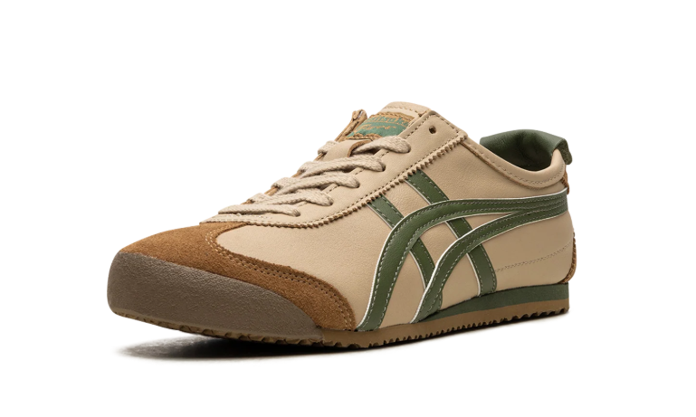 Onitsuka Tiger Beige Low-Top Sneakers with Olive Green Stripes