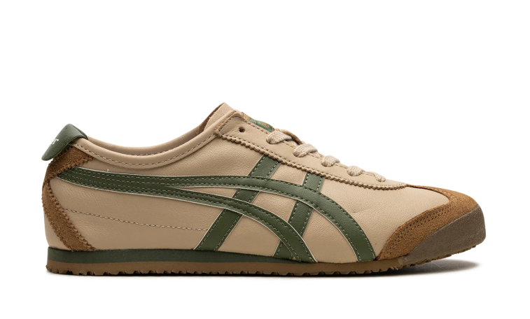 Onitsuka Tiger Beige Low-Top Sneakers with Olive Green Stripes